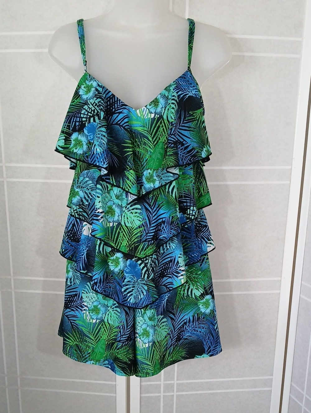 Swimsuit Green/blue Fronds On Ruffles 12